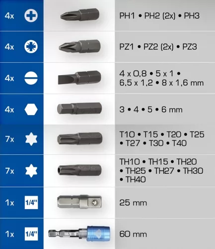 Bit készlet,  32 db-os, műanyag tárolóba