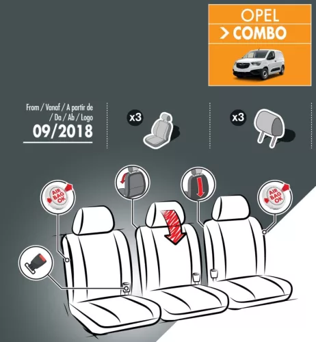 Bőr Opel Combo üléshuzat 2018-tól 3 Üléses 