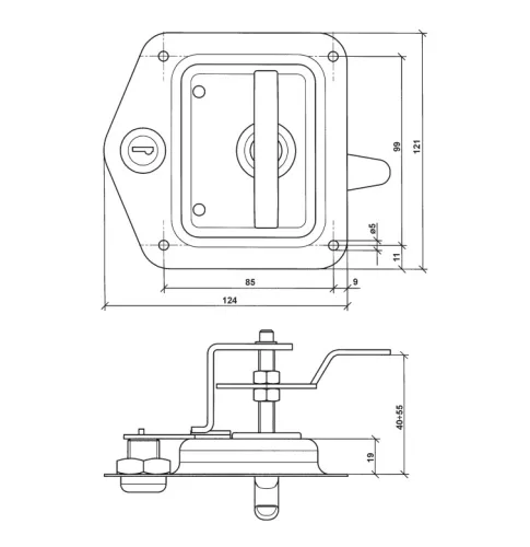 Süllyesztett zár inox, kihajtható kilinccsel 121x124 SZÉLES profilba