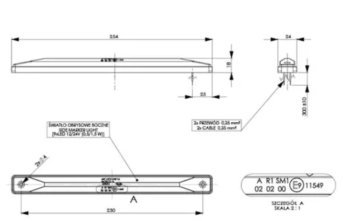 SLIM LED helyzetjelző lámpa (254x24mm) 12/24V piros, FÜST búrával