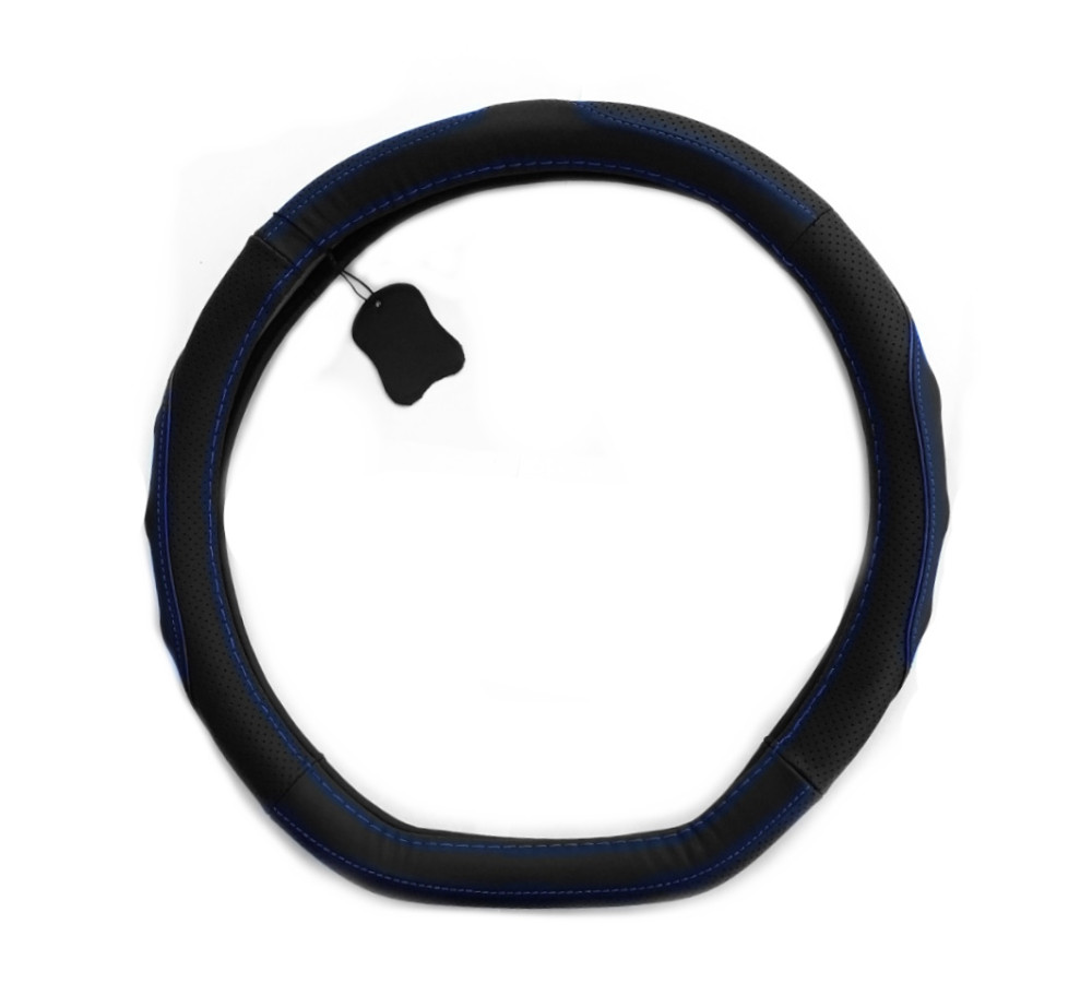 Image of Bőr hatású, D típusú kormányvédő (36-38cm) fekete / kék